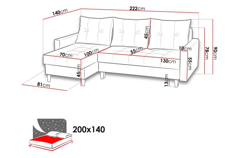 Bodo Divansovesofa 222x140x90 cm - Grå - Møbler - Sofaer - Sovesofaer - Sovesofa divan