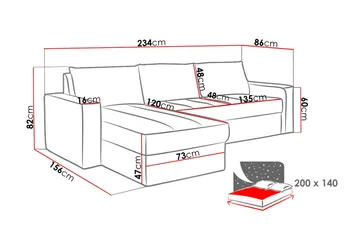 Domino 3-seter Hjørnesofa L-formet Utrekkbar 140x200 cm med Oppbevaring i Stoff - Grå - Møbler - Sofaer - Sovesofaer - Sovesofa divan