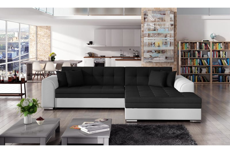 Falseti 3-seter Venstrevendt L-formet Sovesofa 126 cm i Stoff og Skinn - Svart|Hvit - Møbler - Sofaer - Sovesofaer - Sovesofa divan