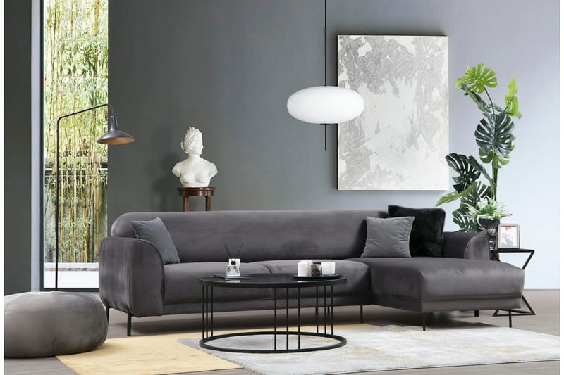Gajanejos 3-seter Høyre L-formet Sovesofa med Sjeselong i Fløyel - Grå - Møbler - Sofaer - Sovesofaer - Sovesofa divan