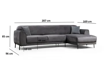 Gajanejos 3-seter Høyre L-formet Sovesofa med Sjeselong i Fløyel - Grå - Møbler - Sofaer - Sovesofaer - Sovesofa divan