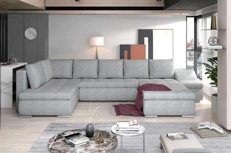 Govana 5-seters Høyrevendt U-formet Sovesofa 120x295 cm med Oppbevaring i Stoff, Grå