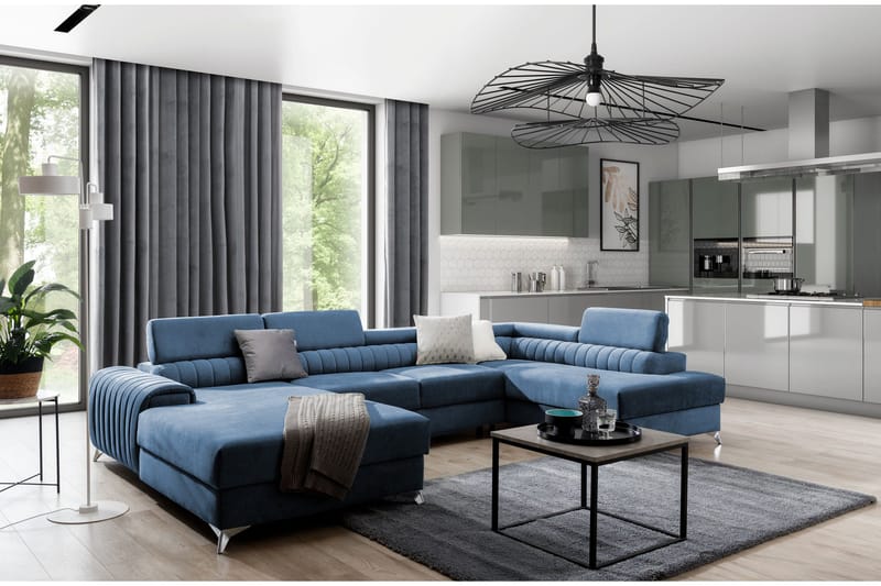 Kamran Sovesofa m. Divan og Sjeselong med Oppbevaring, Blå