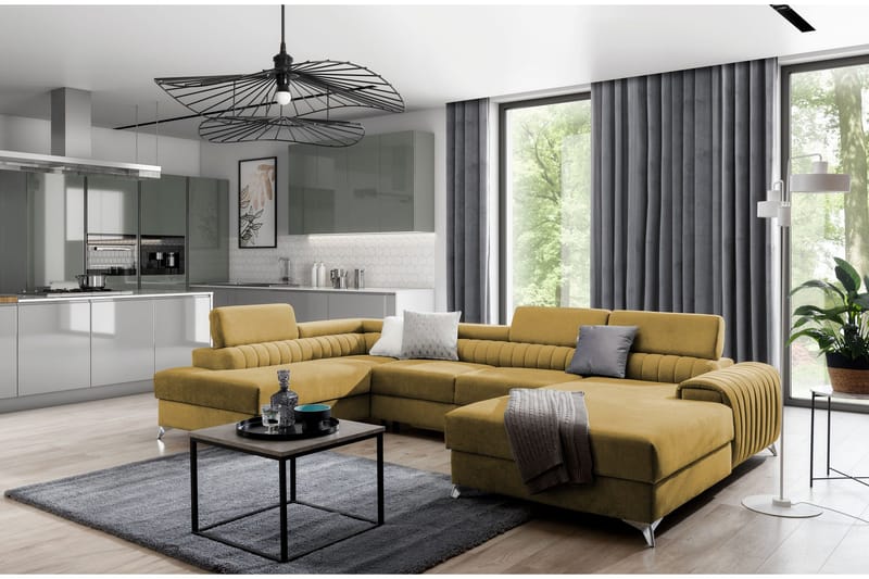 Kamran Sovesofa m. Divan og Sjeselong med Oppbevaring - Gul - Møbler - Sofaer - Sovesofaer - Sovesofa divan