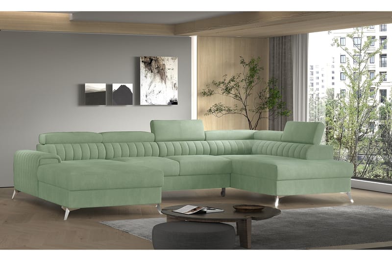 Kamran Sovesofa m. Divan og Sjeselong med Oppbevaring, Lysegrønn