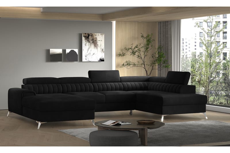 Kamran Sovesofa m. Divan og Sjeselong med Oppbevaring, Svart
