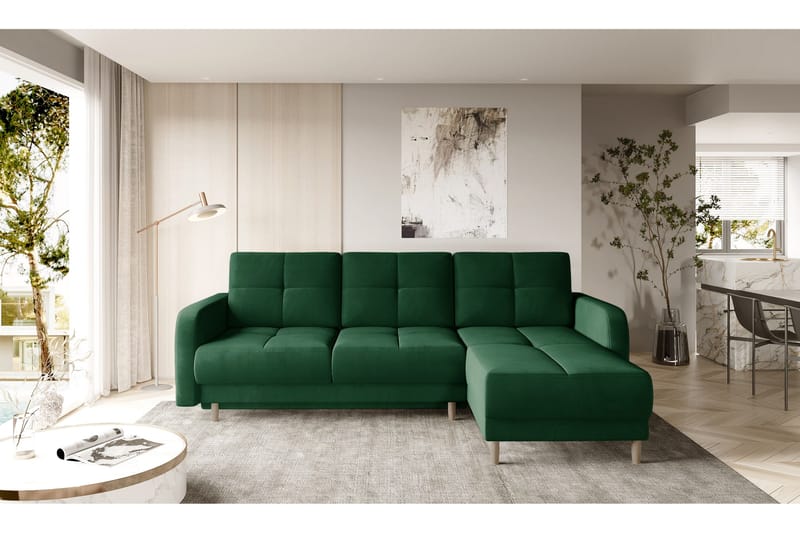 Saimon Sovesofa m. Divan med Oppbevaring 3-seter - Mørkegrønn - Møbler - Sofaer - Sovesofaer - Sovesofa divan