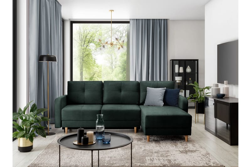 Saimon Sovesofa m. Divan med Oppbevaring 3-seter - Mørkegrønn - Møbler - Sofaer - Sovesofaer - Sovesofa divan