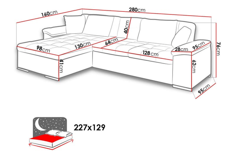 Sovesofa 3-seters L-formet 280x160 cm Venstre - Sovesofa divan