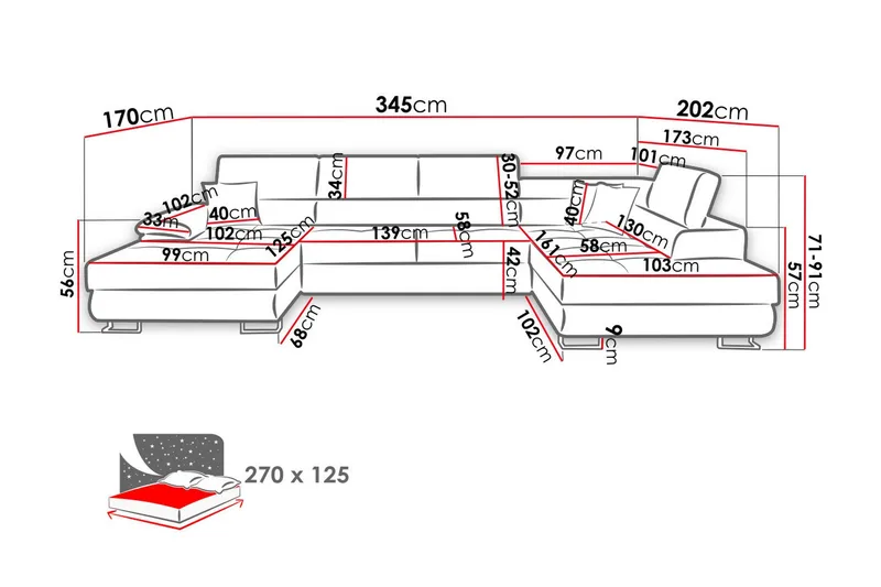 Sovesofa 4-seters U-formet 345x202 cm Venstre - Møbler - Sofaer - Sovesofaer - Sovesofa divan