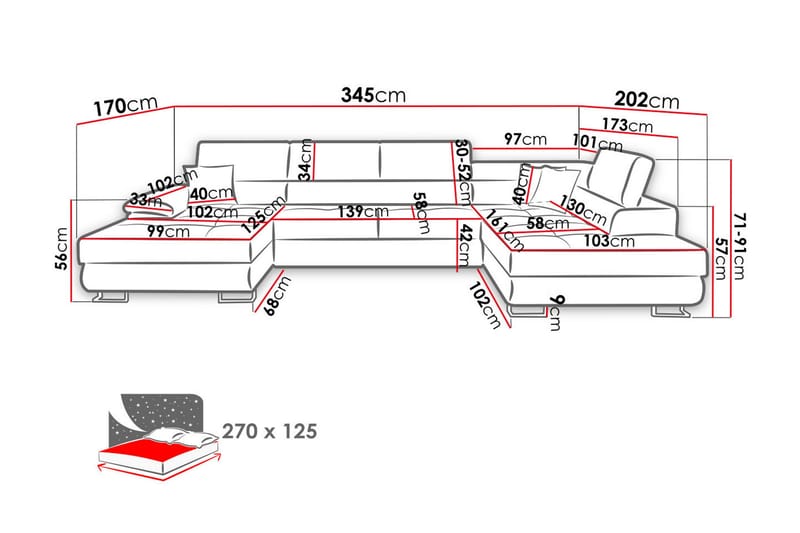 Sovesofa 4-seters U-formet 345x202 cm Venstre - Sovesofa divan