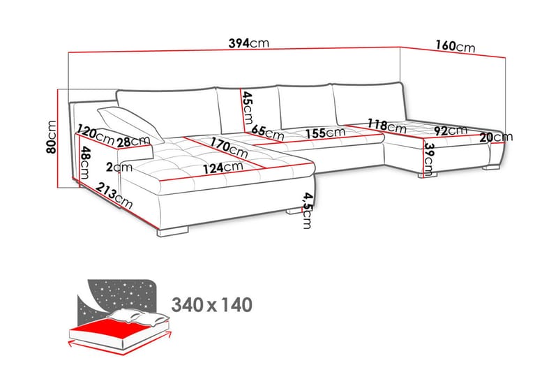 Sovesofa Dobbeldivan Mojen 4-seters 340x140 cm U-formet - Grå - Møbler - Sofaer - Sovesofaer - Sovesofa divan