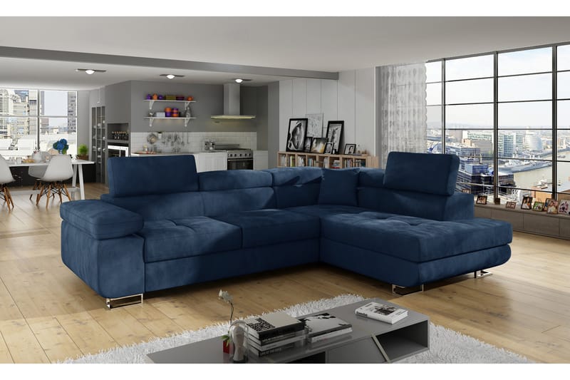 Sovesofa Hipolito med Sjeselong Høyre - Blå - Møbler - Sofaer - Sovesofaer - Langsgående sovesofa