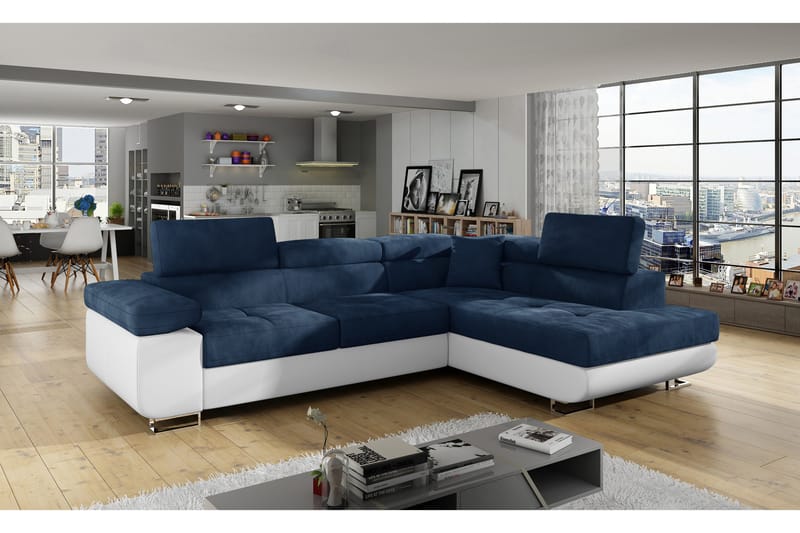 Sovesofa Hipolito med Sjeselong Høyre - Blå/Hvit - Møbler - Sofaer - Sovesofaer - Langsgående sovesofa