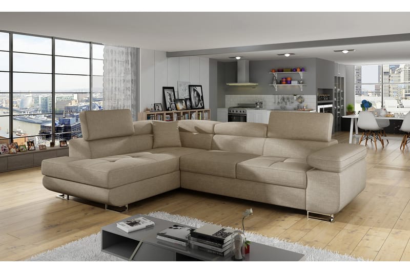 Sovesofa Hipolito med Sjeselong Venstre - Beige - Møbler - Sofaer - Sovesofaer - Langsgående sovesofa