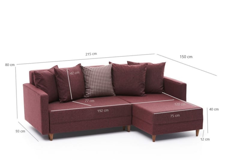 Sovesofa m. Divan Makinat 4-seters 192x135 - Rød - Sovesofa divan