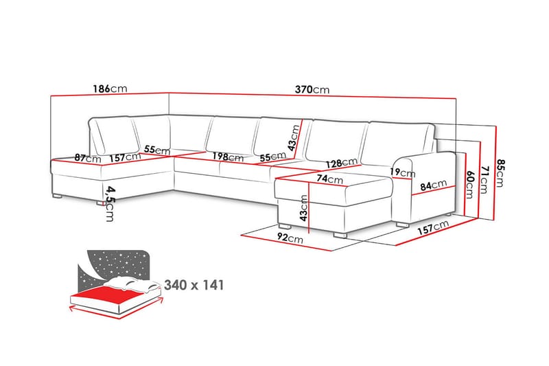 Sovesofa m. Divan og sjeselong Dargina - Fløyelssofaer - Sovesofa divan