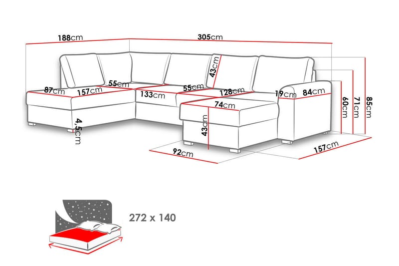 Sovesofa m. Divan og sjeselong Dargina - Sovesofa divan