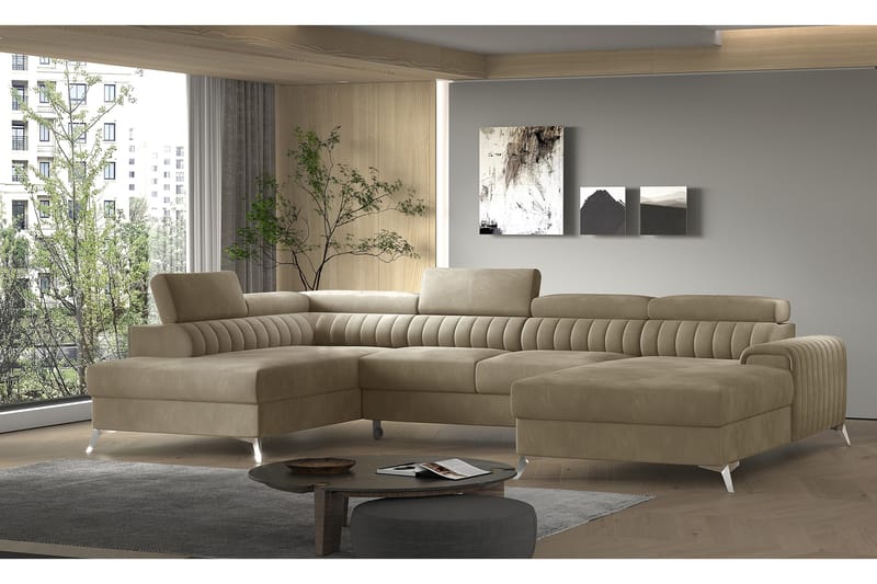 Sovesofa m. Divan og Sjeselong Kamiko med Oppbevaring - Beige - Sovesofa divan