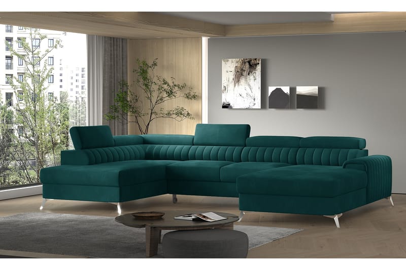 Sovesofa m. Divan og Sjeselong Kamiko med Oppbevaring - Grønn - Møbler - Sofaer - Sovesofaer - Sovesofa divan