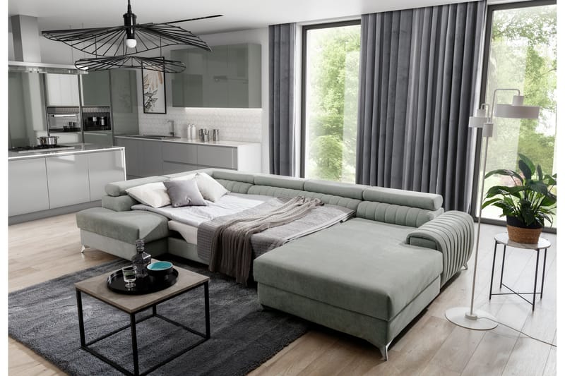 Sovesofa m. Divan og Sjeselong Kamiko med Oppbevaring - Grønn - Møbler - Sofaer - Sovesofaer - Sovesofa divan