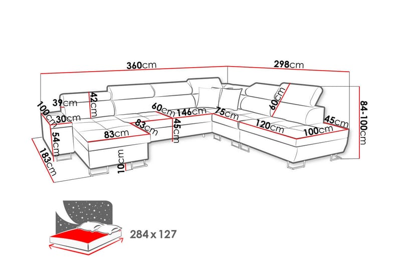 Sovesofa m. Divan og sjeselong Torretta - Sovesofa divan