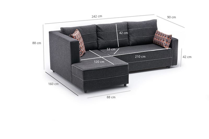 Sovesofa m. Divan Windwhistle 4-seters 200x150 - Antrasitt - Sovesofa divan