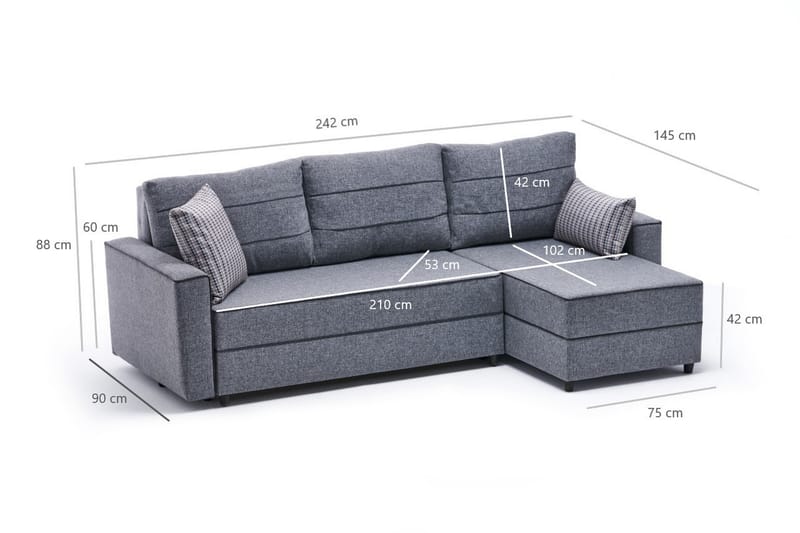 Sovesofa m. Divan Windwhistle 4-seters 200x150 - Grå - Sovesofa divan