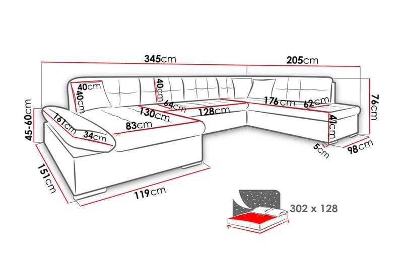 U-sovesofa Bergen 345x205x77 cm - Fløyelssofaer - Skinnsofaer - Sovesofa divan