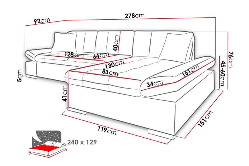 U-sovesofa Malwi 278x162x76 cm - Møbler - Sofaer - Sovesofaer - Sovesofa divan
