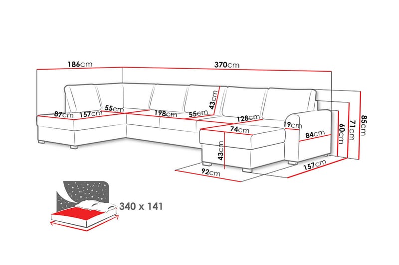 U-Sovesofa Willhem Large Høyre - Grå - Sovesofa divan