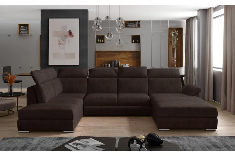 Zoana Høyre U-formet Sovesofa 125x265 cm med Oppbevaring i Stoff, Brun