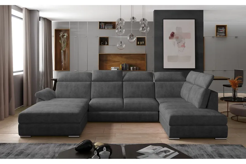Zoana Venstre U-formet Sovesofa 125x265 cm med Oppbevaring i Stoff, Grå