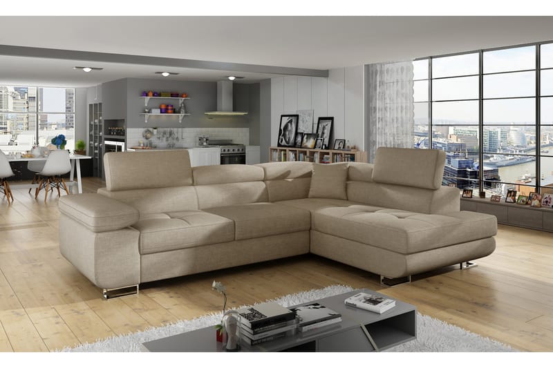 Sovesofa Hipolito med Sjeselong Høyre - Beige - Møbler - Sofaer - Sovesofaer - Langsgående sovesofa