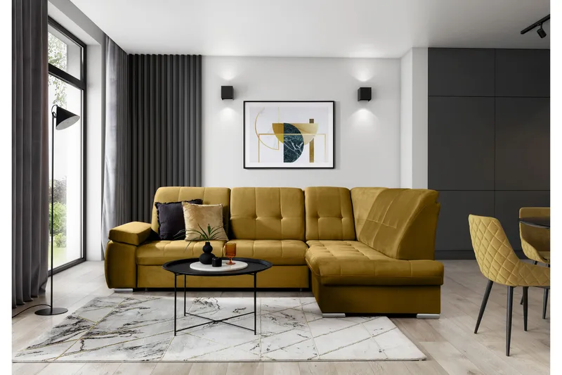 Sovesofa m. Sjeselong Amelya 3-seter - Gul - Møbler - Sofaer - Sovesofaer - Langsgående sovesofa