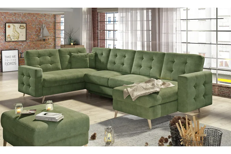 Deadra Sovesofa med Dobbeldivan - Grønn - Møbler - Sofaer - Sovesofaer - U sovesofa