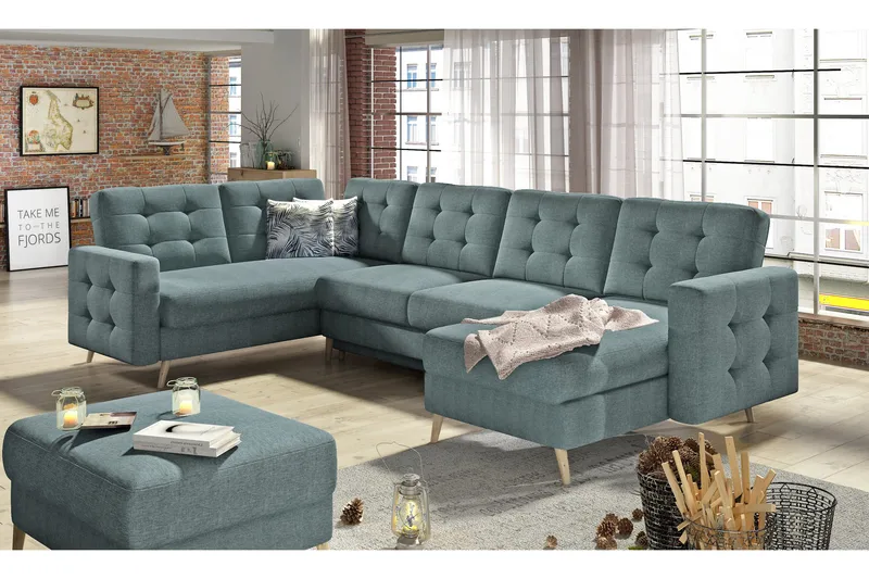 Deadra U-formet Sovesofa 120x282 cm med Oppbevaring i Stoff, Grønn