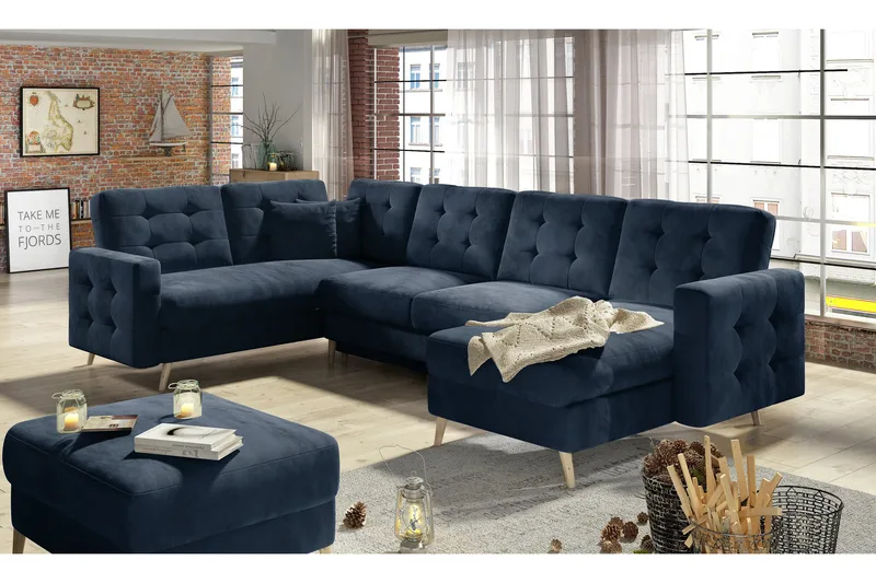 Deadra U-formet Sovesofa 120x282 cm med Oppbevaring i Plysj, Blå