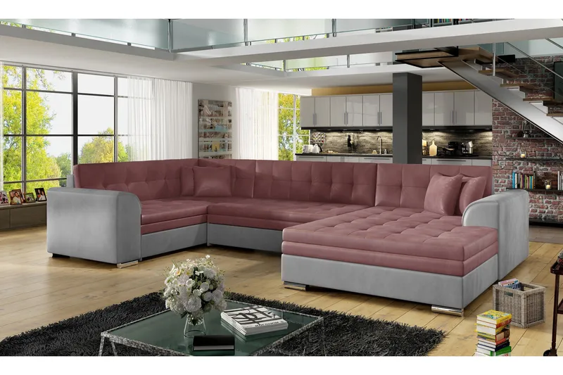 Rineta 5-seters U-formet Sovesofa med Sjeselong i Plysj med Metallben - Støvrosa - Møbler - Sofaer - Sovesofaer - Langsgående sovesofa