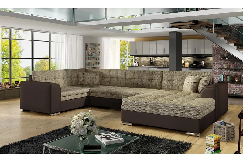 Rineta Sovesofa med Dobbeldivan - Beige/Brun - Møbler - Sofaer - Sovesofaer - U sovesofa