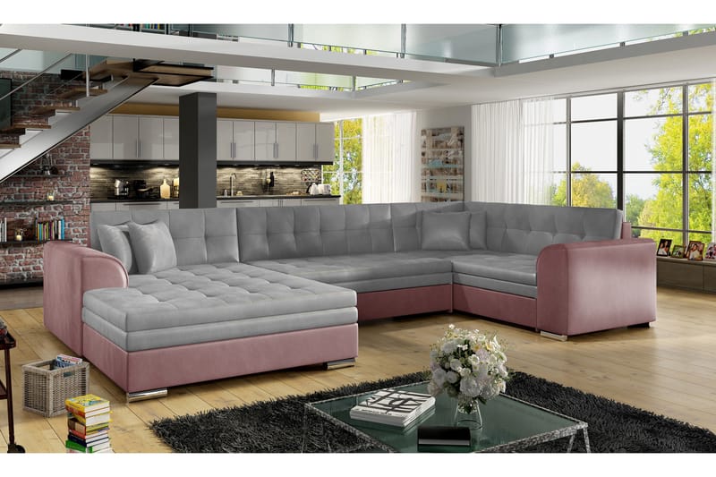Sovesofa Zambia med Dobbeldivan - Grå|Rosa - Møbler - Sofaer - Sovesofaer - U sovesofa