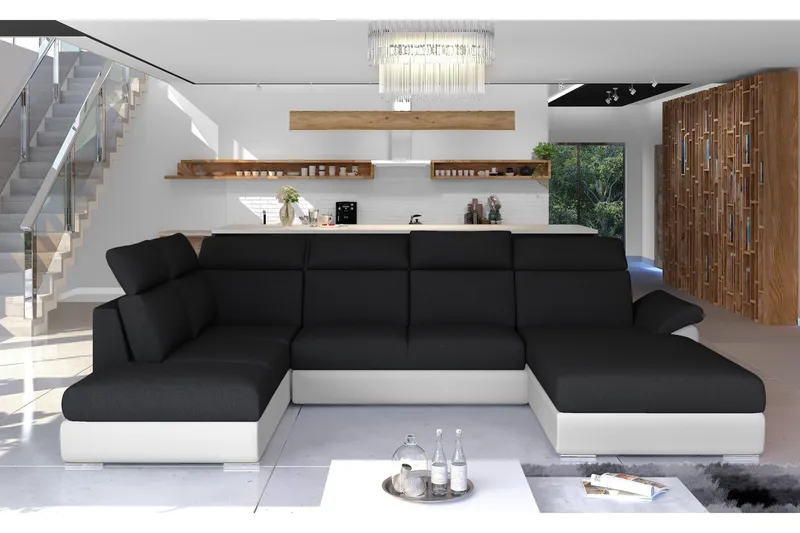 Zoana U-formet Sovesofa 125x265 cm med Oppbevaring i Stoff/lær, Hvit|Svart