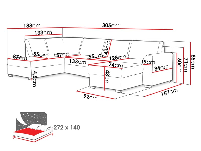 Taberk 5-seters U-sofa med Divan Venstre - Møbler - Sofaer - Sovesofaer - Hjørnesovesofa
