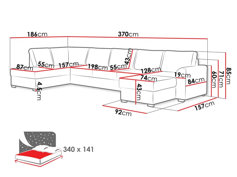 Taberk Large 6-seters U-sofa med Divan Høyre - Møbler - Sofaer - Sovesofaer - Hjørnesovesofa