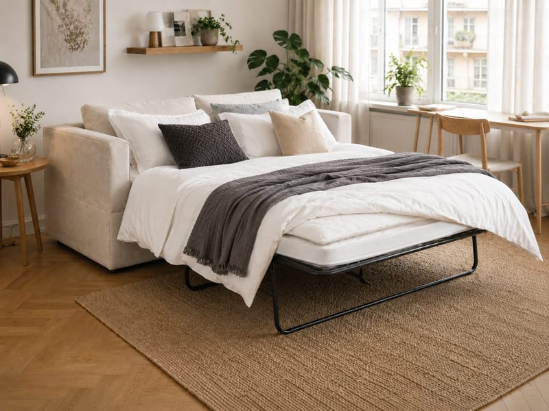 Travstad 3-seters sovesofa med HVILA overmadrass 140x200 cm polyeterskum med vaskbart trekk - Beige/hvit - Møbler - Sofaer - Sovesofaer - 3 seters sovesofa