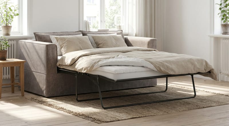 Travstad 3-seters sovesofa med HVILA overmadrass 140x200 cm polyeterskum med vaskbart trekk - Grå/hvit - Møbler - Sofaer - Sovesofaer - 3 seters sovesofa