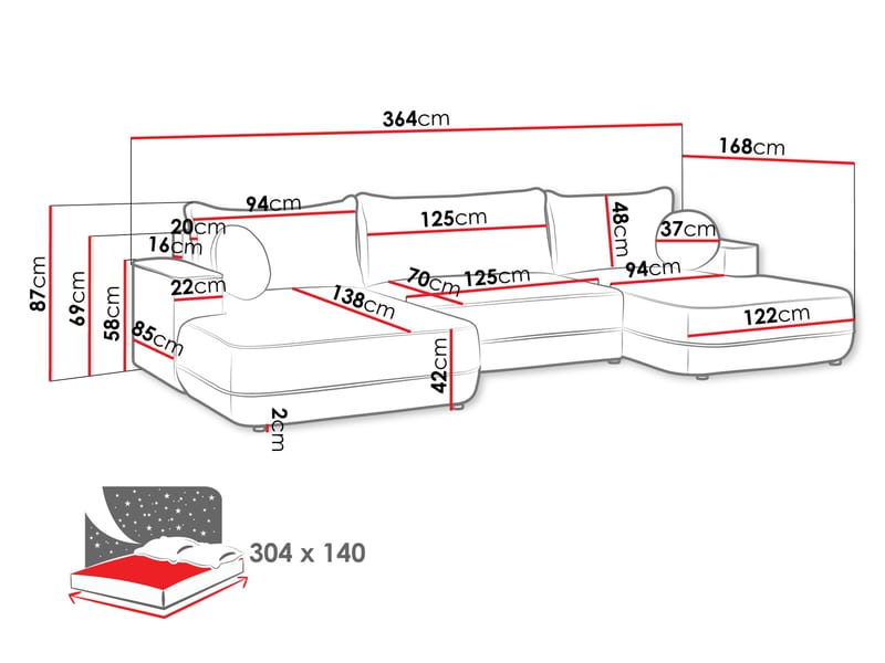 Uppland Sovesofa med dobbel sjeselong 5-seter - Grå - Møbler - Sofaer - Sovesofaer - U sovesofa