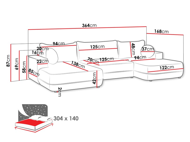 Uppland Sovesofa med dobbel sjeselong 5-seter - Grå - Møbler - Sofaer - Sovesofaer - U sovesofa