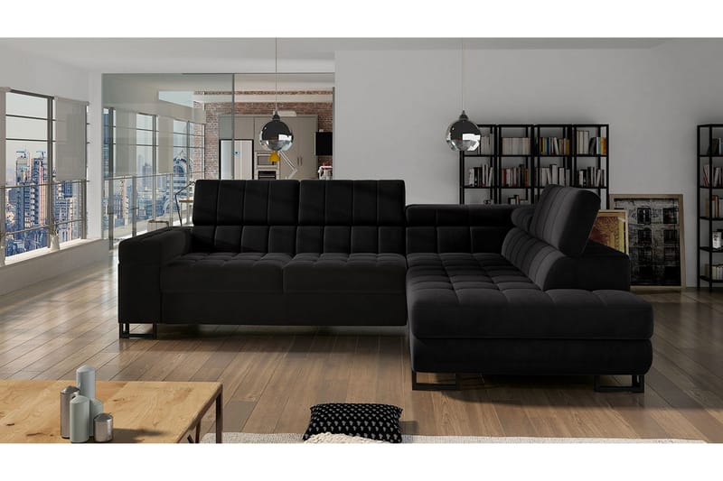 Warwick 3-seters Hjørnesovesofa - Svart - Møbler - Sofaer - Fløyelssofaer