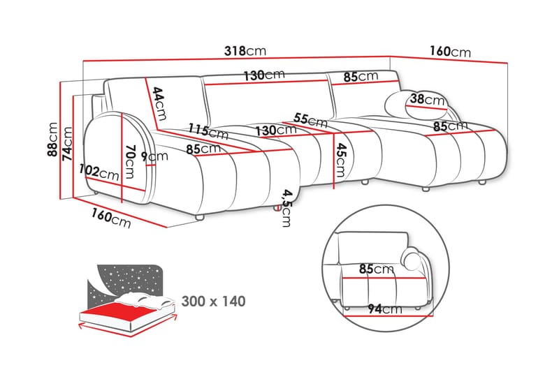 Zarania Sovesofa Dobbel Divan 3-Seter - Rosa - Møbler - Sofaer - Sovesofaer - U sovesofa